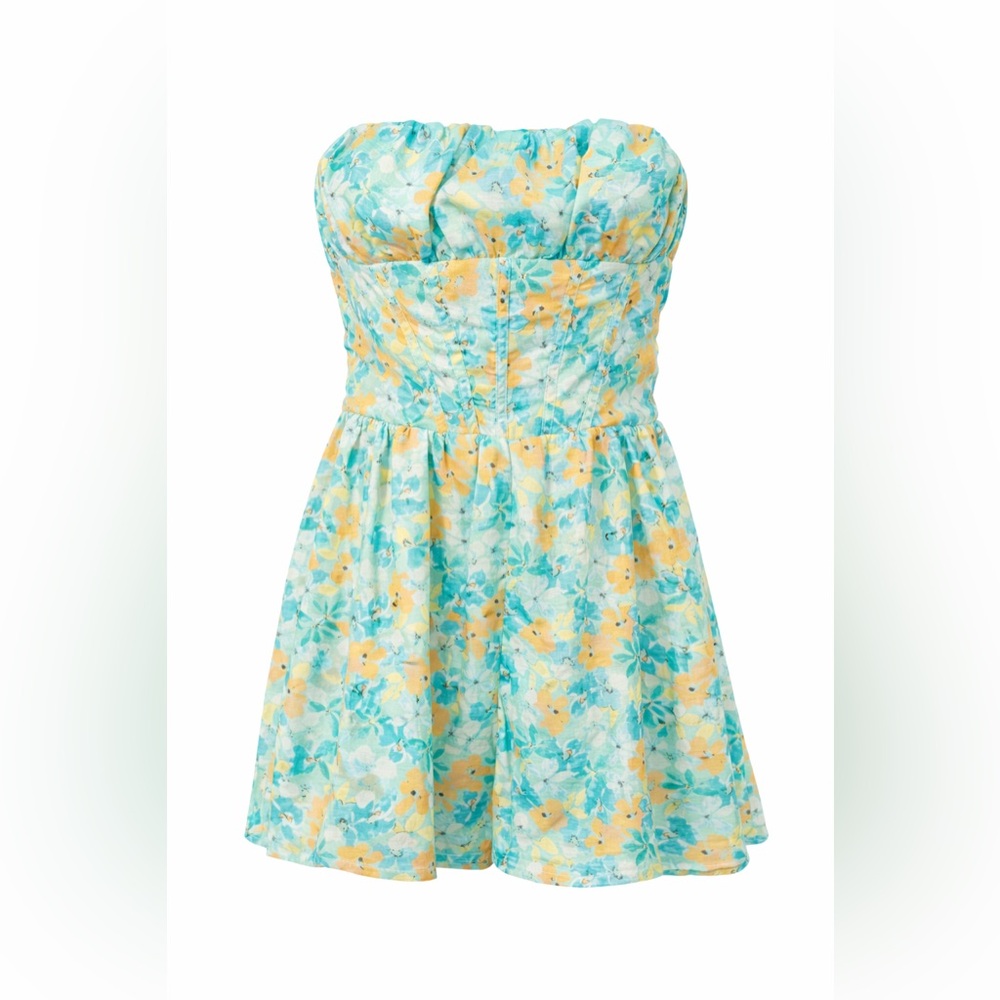Hello Molly Strapless Floral Romper | Aqua Blue Yellow | Smocked Back | Size 6